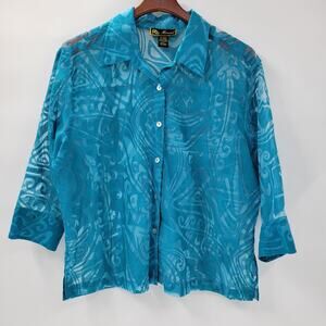 Marisol Button Up Top Womens XL Blue Sheer Turquoise Linen Blend Burnout Design